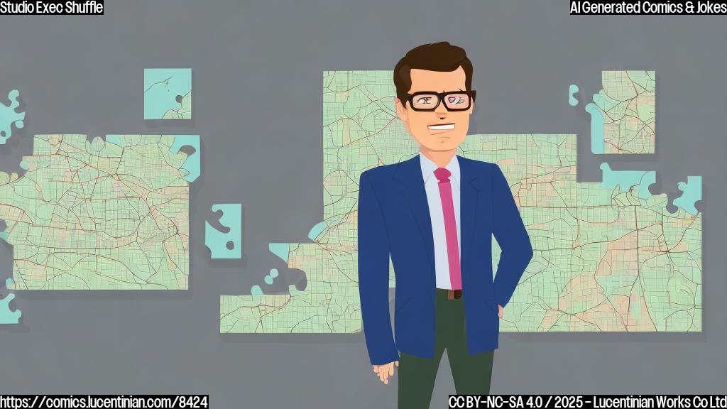 Cartoon image of a confused person in a business suit standing in a large office building hallway, holding a comically oversized map divided into two distinct colored sections. The person has a puzzled expression on their face.