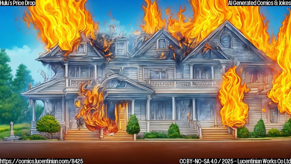 A cartoon image of a house labeled "Streaming Service" engulfed in flames. A personified dollar bill is running away screaming. The background is a plain light blue.