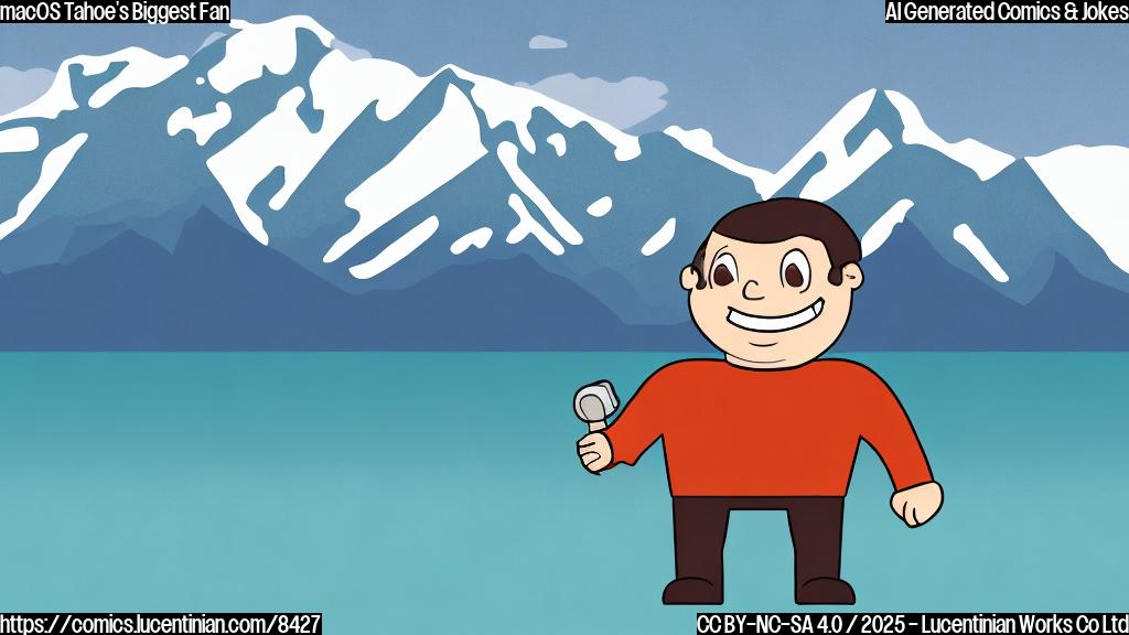 A cartoon operating system icon with a big smile, standing next to a mountain labeled "Tahoe," all in a simple, flat color style.