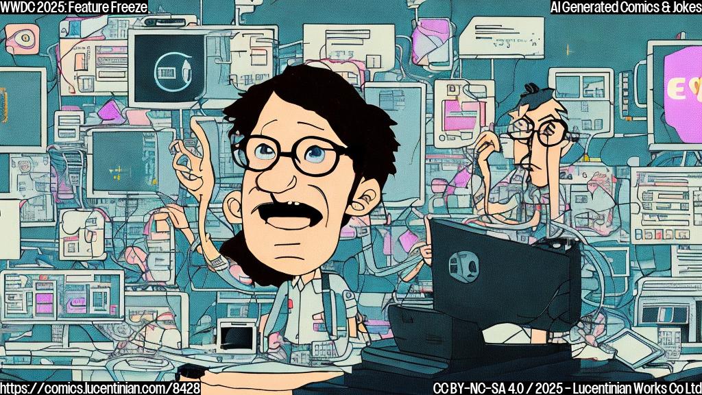 Cartoon of a stressed-out engineer with messy hair, surrounded by computer screens displaying error messages and the Apple logo. The engineer is sweating profusely. The color palette is muted and pastel.