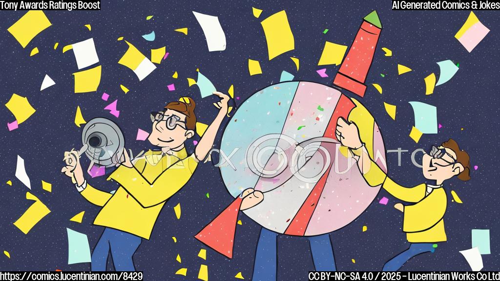 A plain color cartoon drawing of a smiling theatre producer holding a large metronome, confetti falling around them. The producer has round glasses and a neatly combed hairstyle.
