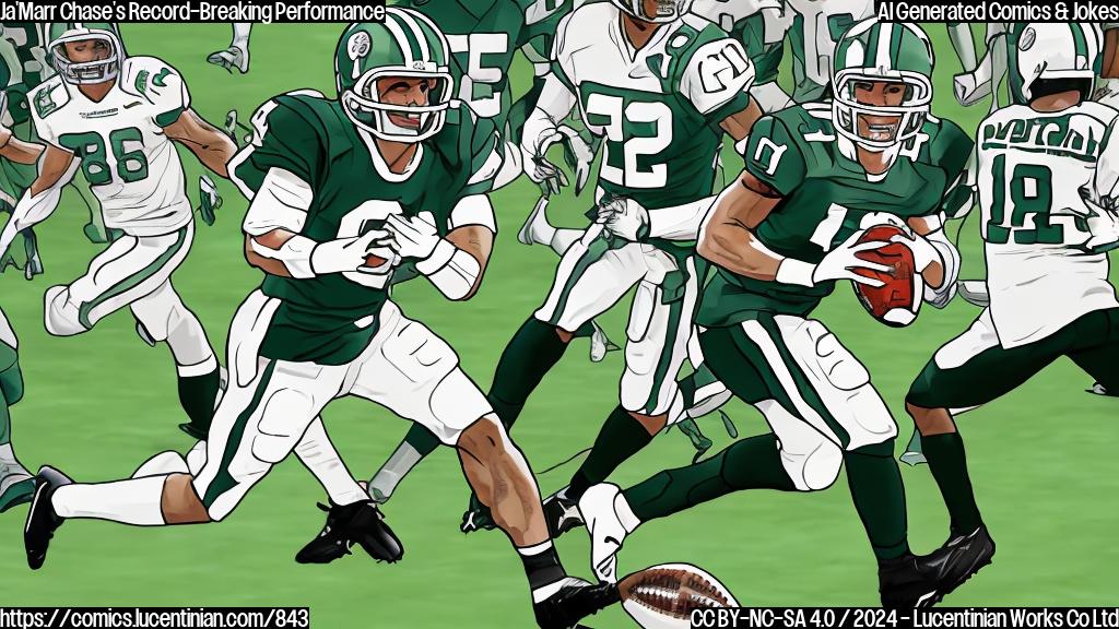 A cartoon style image of a receiver, wearing football gear and holding a football, with a big smile on his face and a defensive player in the background looking frustrated, surrounded by yard lines and football fields, all in shades of green and white.