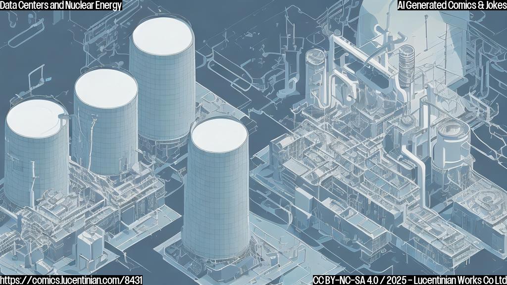 Cartoon style illustration of a generic data center building with blinking lights and server racks visible through the windows, located right next to a cooling tower of a generic nuclear power plant. Simple plain background.