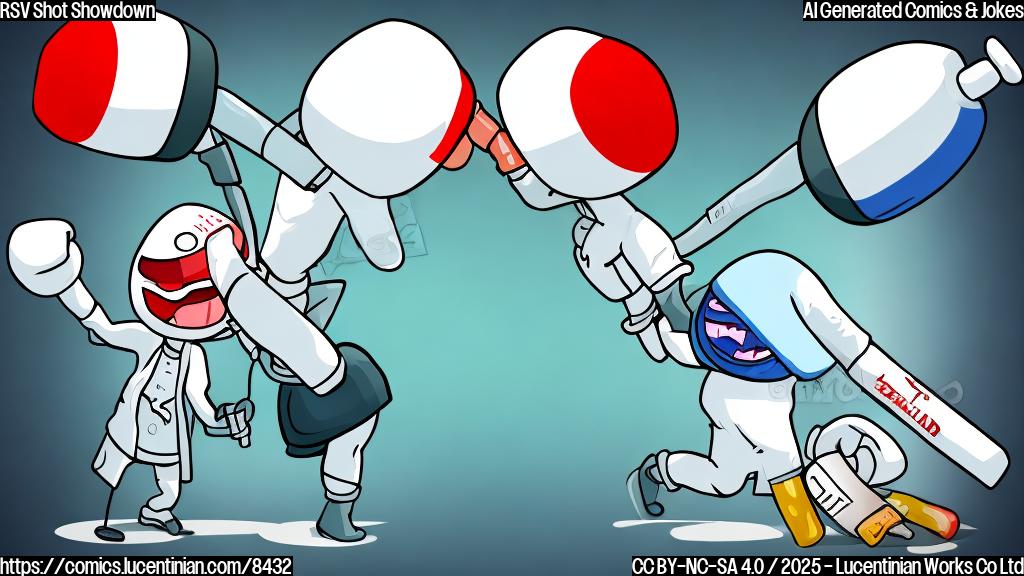 Two cartoon syringes with angry faces glaring at each other in a boxing ring. One syringe is slightly larger and labeled "Big Pharma A", the other is smaller and labeled "Big Pharma M". The background is a simple blue.