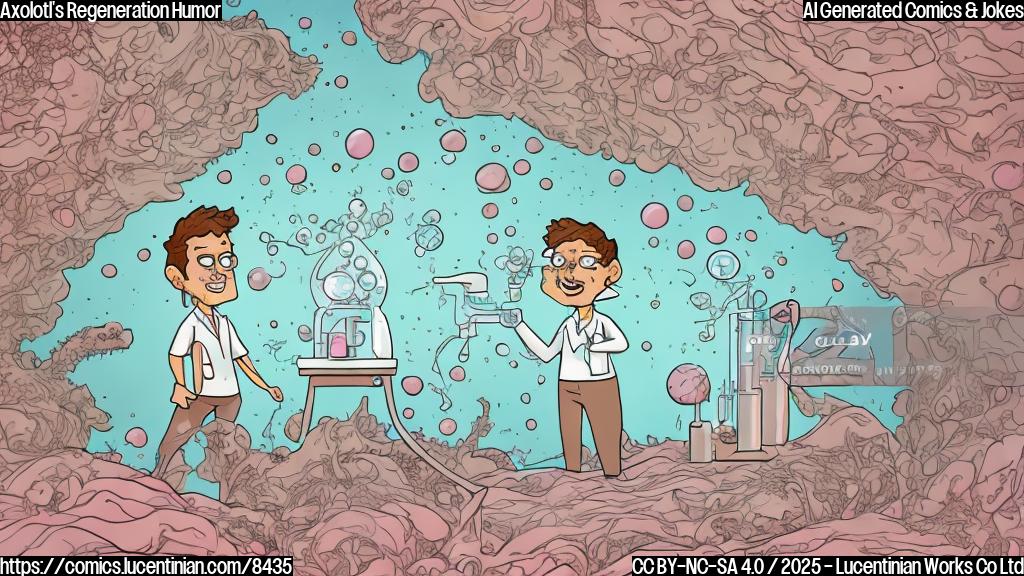 cartoon style, plain color background, a disappointed scientist in a lab coat looking at a regenerating axolotl with a silly smile and frilly gills. The scientist has messy brown hair and a worried expression. The axolotl is pink and has a bandage on its regrowing limb.