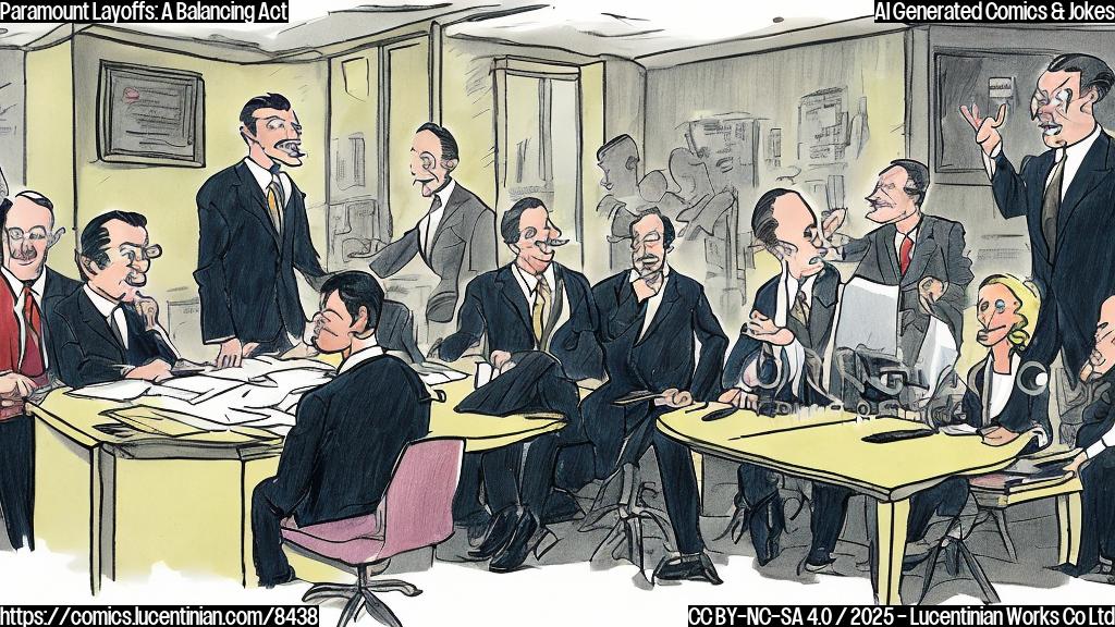 A cartoon drawing of a business meeting. One executive with a worried face places a department sign (e.g., "Marketing," "Production") on a large scale. Other executives look on with concern. The background is a bland office setting. All characters are generic and plain color style.