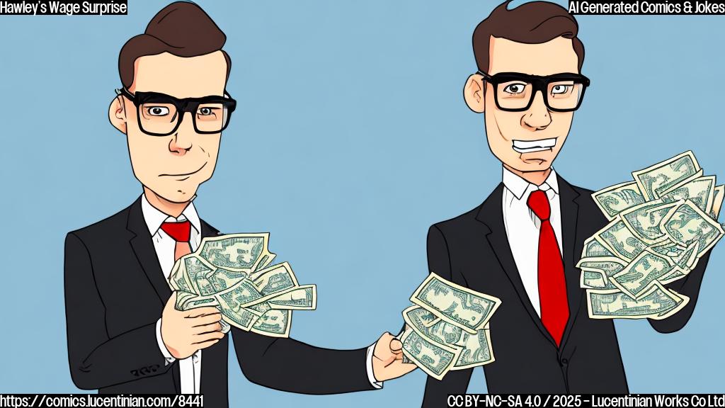 A cartoon drawing of a man wearing a suit, tie, and glasses looking surprised while holding a wad of cash. The background is plain light blue.