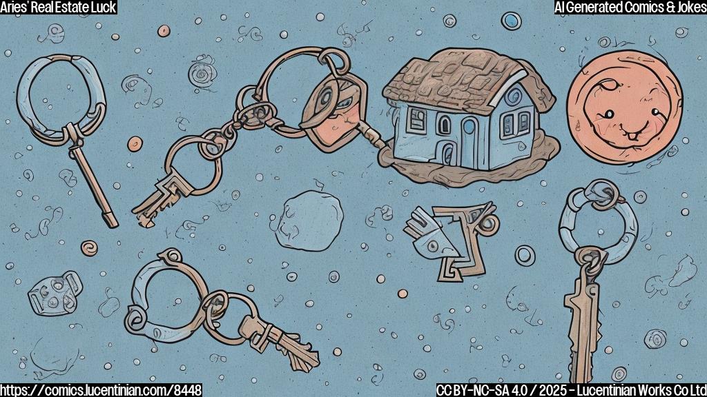 Cartoon style, plain light blue background, an Aries zodiac symbol happily holding keys to a small, cartoonish house on a gray moon surface with craters.
