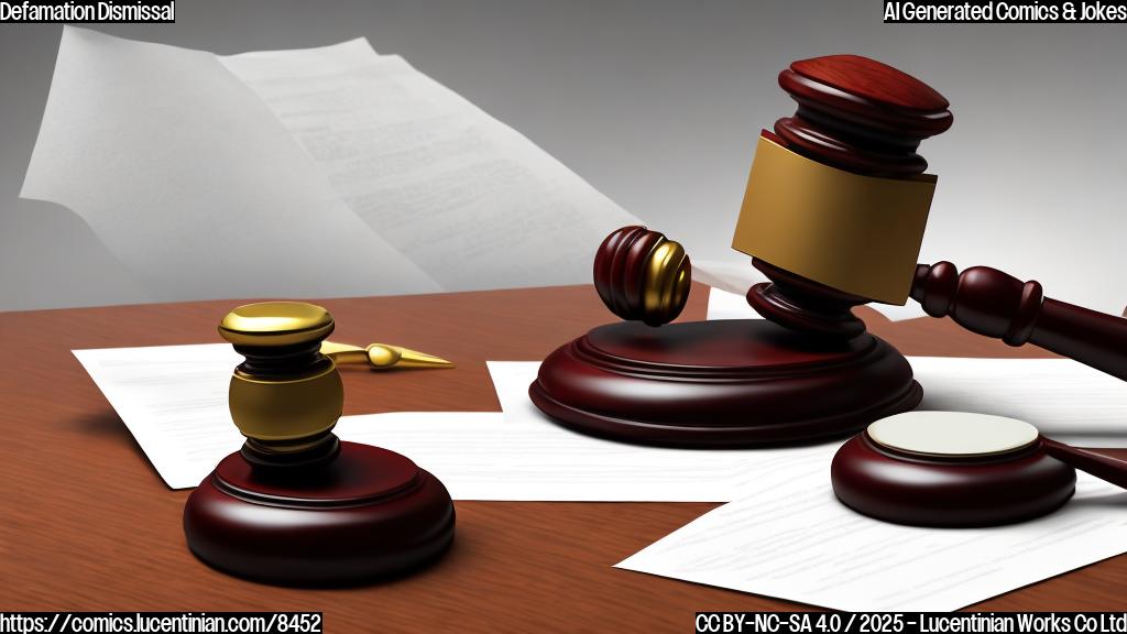 A gavel dramatically falling, hitting a miniature figure representing a lawsuit, depicted as a stack of papers with sad eyes. Background shows a cartoon courtroom with empty seats. The color palette is plain and bright.