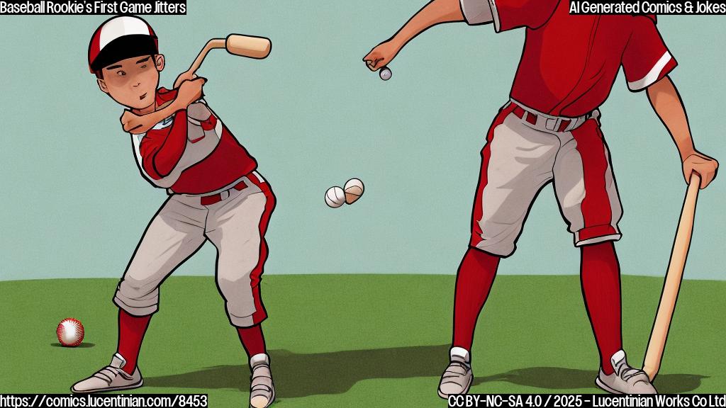 A plain color cartoon illustration of a very young adult baseball player, wearing an oversized red and white baseball uniform and helmet, awkwardly carrying a wooden ladder onto a green baseball field. The player looks nervous and sweats. The style is simple and the background is a solid light blue.
