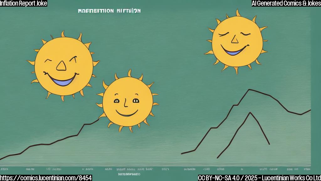 A cartoon-style graph with a downward sloping line representing inflation. The background is a plain light green color. There is a happy smiling sun in the top right corner and a small fan blowing air towards the graph. The style is simple and clean, suitable for a financial news website.
