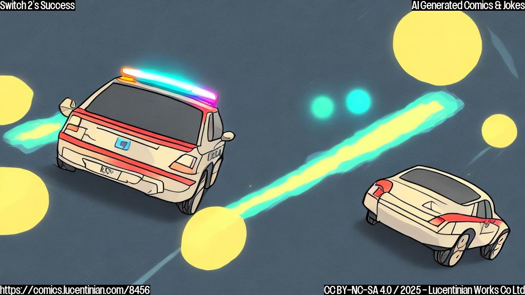 A very simple cartoon drawing. A rectangle with rounded edges and two joy-cons attached to its sides is speeding. Behind it, a police car with a flashing light is chasing it.