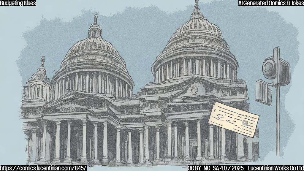 A cartoon style image of a sad government building crying, with a wallet running away. The background is a plain light blue color.