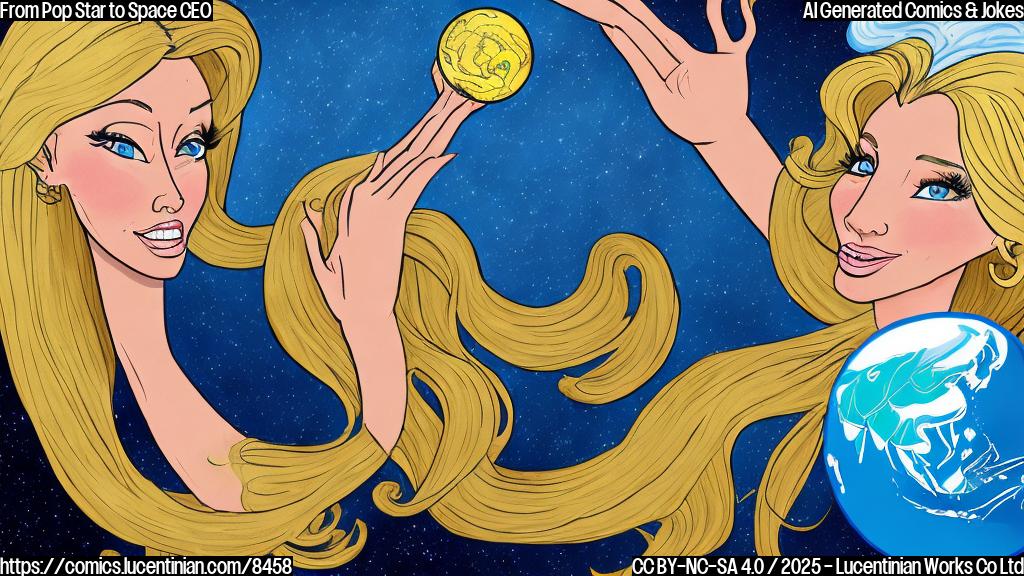 A cartoon style image of a blonde woman with long hair holding a platinum record in one hand and pointing towards a cartoon planet Earth with a satellite orbiting it in the other. The background is a plain light blue.
