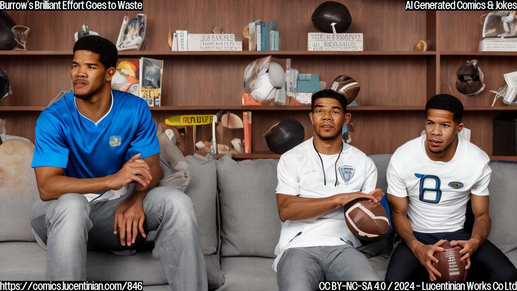 A cartoon-style image of a therapist and Ja'Marr Chase sitting on a couch, with a football in the corner of the room. The therapist is looking at Ja'Marr Chase with concern, while Ja'Marr Chase looks down at his feet, surrounded by footballs and tunnel patterns.