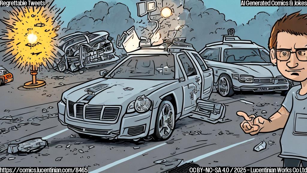 A plain color cartoon style picture of a tech billionaire with spiky brown hair, wearing a grey t-shirt, looking remorseful while a self-driving car crashes into a lamppost in the background.