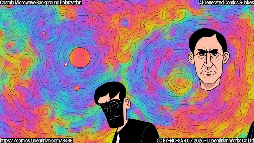 Cartoon style illustration of a sad astronomer with dark hair standing next to a large, colorful, but sharply polarized cosmic microwave background radiation pattern in space. The astronomer is frowning and looking away from the radiation pattern, which has a distinct separation of colors into distinct bands.