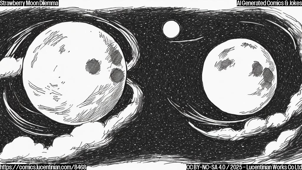 A simple cartoon drawing of a reddish, round moon with a slightly arrogant expression, floating away from a telescope, set against a dark blue sky. The moon has tiny strawberries orbiting it.