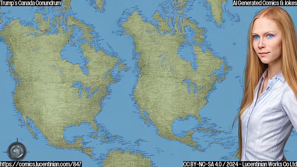 A woman with long blonde hair and blue eyes wearing a white outfit is shown standing in front of a subtle map of North America. She has a confused expression on her face, with one hand on her hip and the other holding a suitcase. In the background, there's a faint image of Canada.