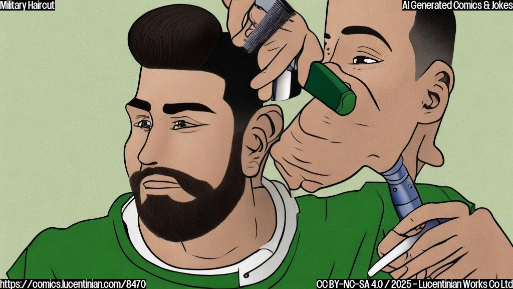 A cartoon-style image of a barber with a worried expression holding clippers near a person with very short hair. The background is a plain pastel green.