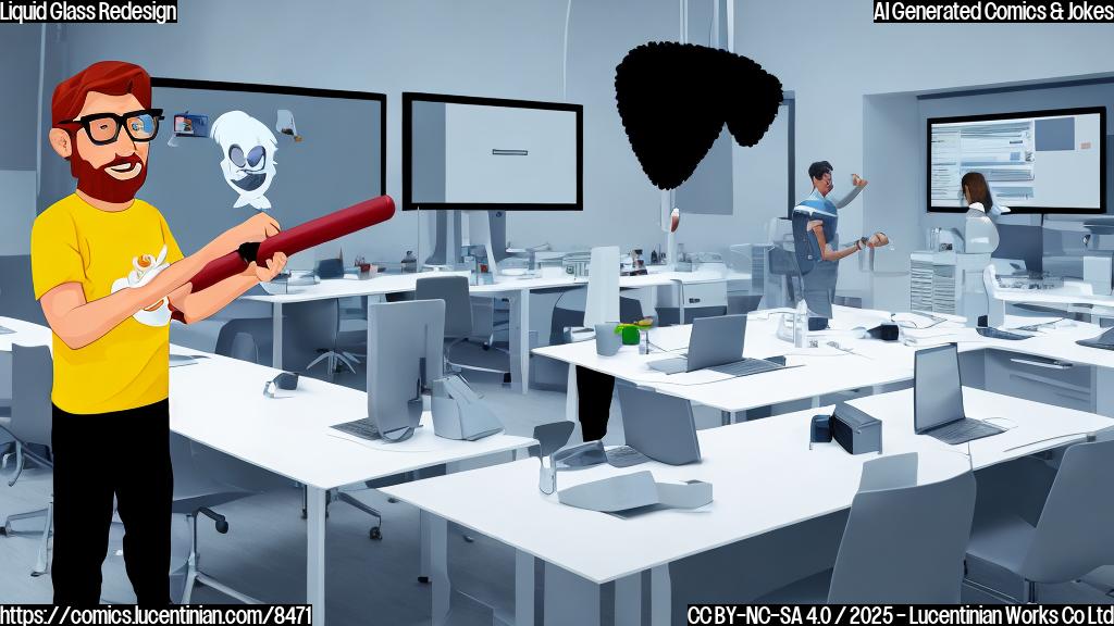 a cartoon style image of a UI designer with square glasses holding a mop in an Apple design lab, with a confused expression. The design lab has sleek white tables and large screens displaying UI designs. The color palette is pastel.