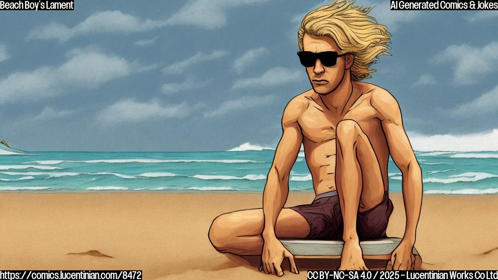 A cartoon-style image of a despondent looking surfer with blond hair and sunglasses sitting on a plain sandy beach, looking out at the ocean. The color palette is muted and melancholic.