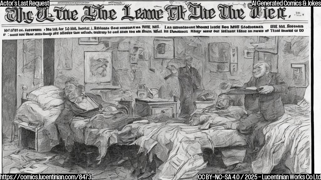 Plain cartoon style picture of a newspaper headline that says "Local Man Dies", the man with gray hair lying in a bed.