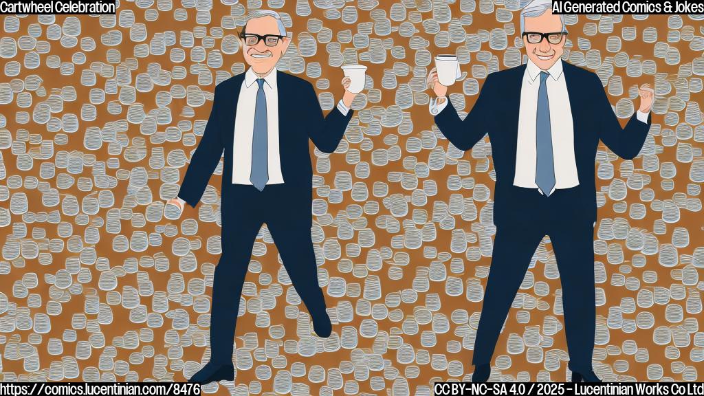 A simple, flat cartoon image. A man with graying hair and glasses, wearing a business suit, is doing a cartwheel in a living room filled with coffee cups. The color palette is bright and cheerful.