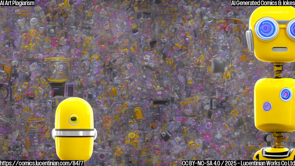 A cartoon depiction of a confused-looking AI robot, surrounded by floating images of generic cartoon characters resembling popular intellectual properties, like a yellow, pill-shaped character with overalls and goggles, and a dark-helmeted, masked figure with a breathing apparatus. The robot has dollar signs in its eyes.