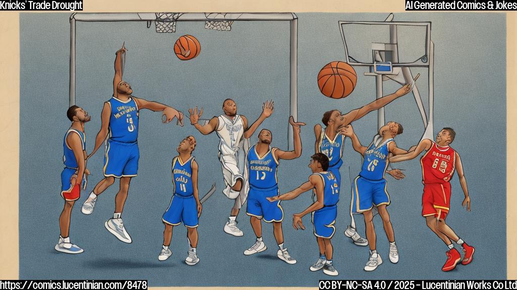 A cartoon of a sad basketball team with basketballs instead of heads, standing next to a very short ladder, with an empty space above them where a star should be. The background is a plain light blue.
