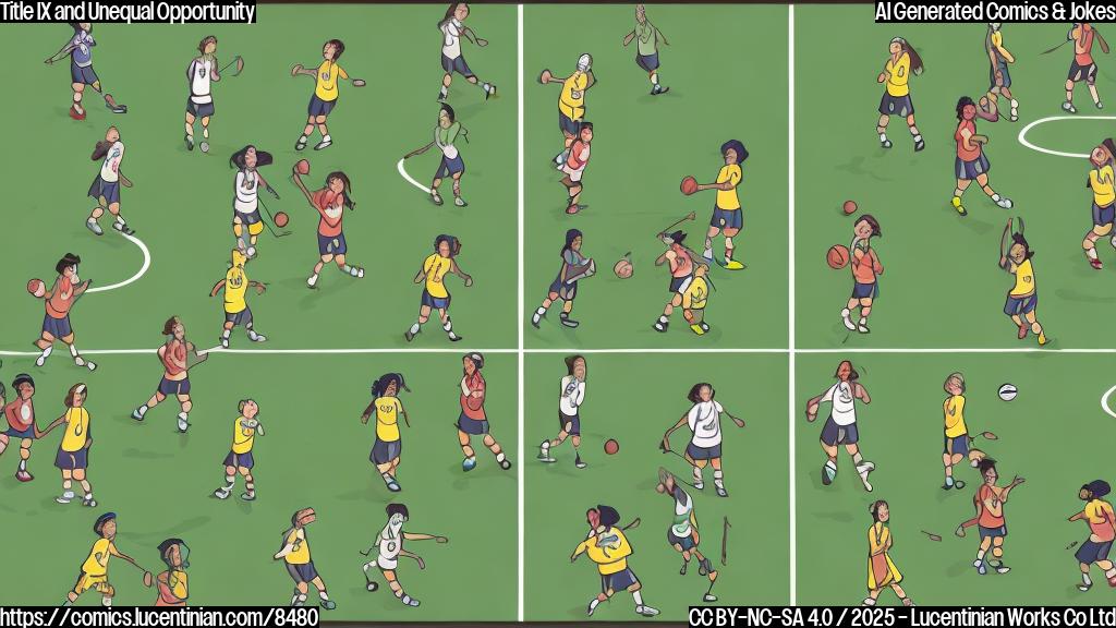 A simple cartoon illustration showing two differently sized sports fields. One is large and green, labelled "Men's Sports," while the other is tiny and brown, labelled "Women's Sports." A group of determined, diverse female athletes in sports uniforms (basketball, soccer, volleyball) are standing in front of the smaller field, holding a large banner that says "Equal Opportunity!" The style should be plain, with flat colors and thick outlines.