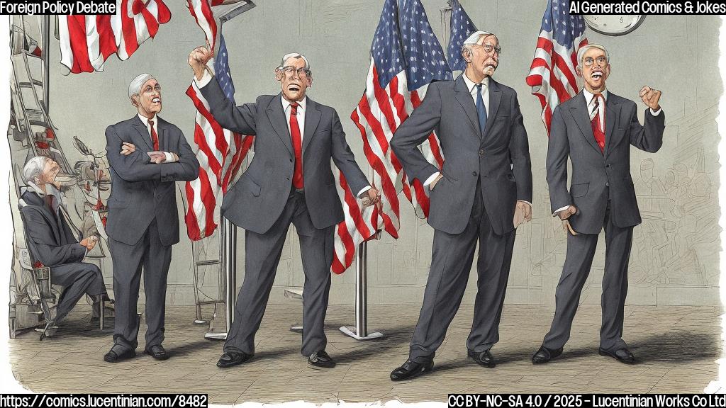 Plain color cartoon style picture. Two elderly men with gray hair, one with a suit and tie and the other with a casual blazer, arguing intensely in front of an American flag that is slightly tilted. A tall, wobbly ladder leans against the flag.