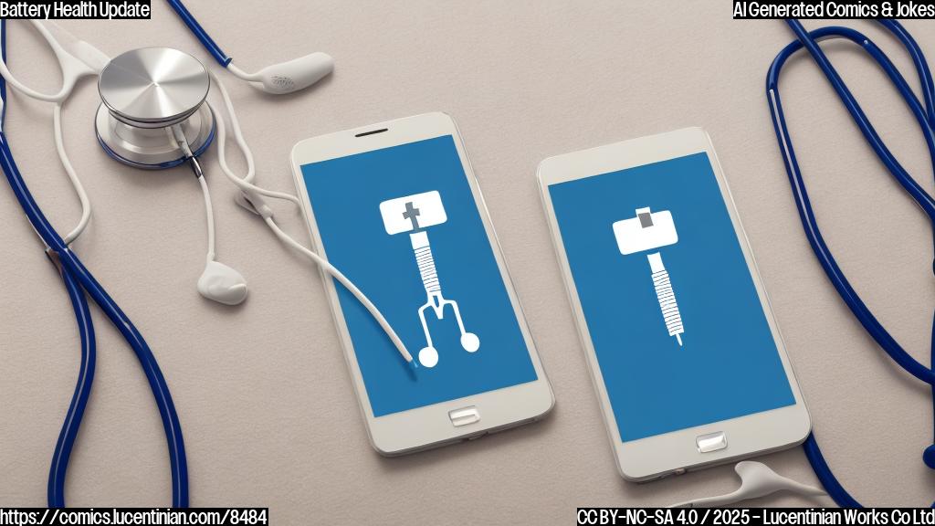 A cartoon style picture of a white smartphone lying on a doctor's examination table, with a stethoscope on its screen. The smartphone has a worried expression on its screen, displaying a battery icon with a low percentage. The background is a plain light blue.