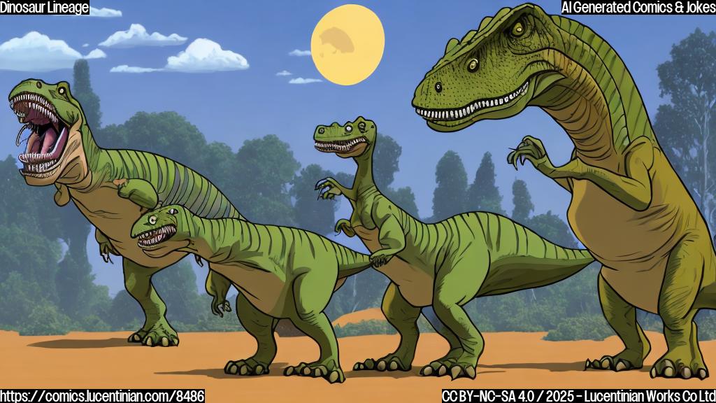 Cartoon image of two dinosaurs. One is large, menacing, with short arms, labeled "King". The other is smaller, more agile, and labeled "Prince", both in a plain color background.