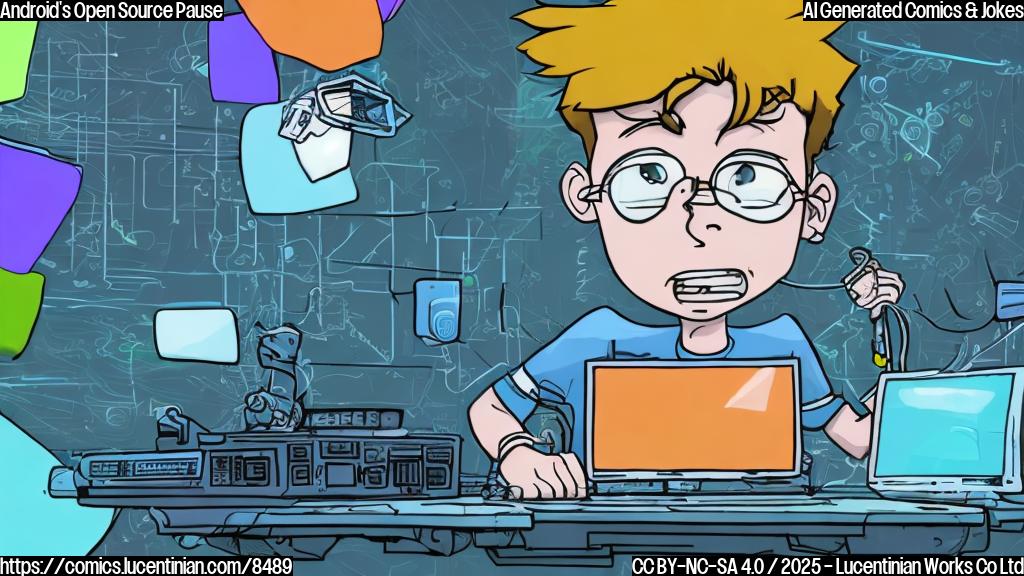A frustrated cartoon programmer with messy hair sits at a computer displaying lines of code. A large, closed padlock icon is superimposed over the Android logo in the background. The color palette is limited to pastel blues, greens, and yellows.
