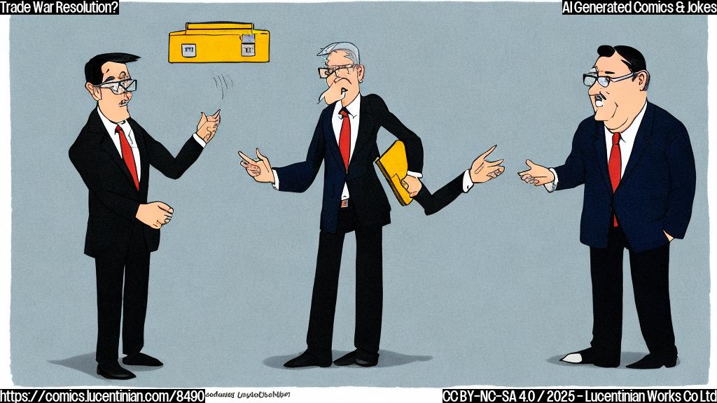 A cartoon depicting a confused looking economist with glasses standing next to a trade negotiator with a briefcase, both looking in opposite directions. The background is a plain light blue.