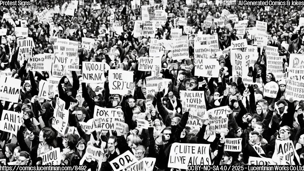 A plain color cartoon style image of a crowd of diverse people holding up various protest signs. The signs have simple, bold messages written on them in black. The background is a solid light blue.