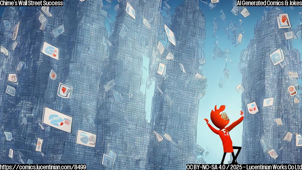 Cartoon image of a faceless digital bank character, represented as a stylized smartphone with a dollar sign on the screen, carrying a comically large ladder and looking up at a skyscraper that's labeled "Wall Street". The sky behind is filled with oversized dollar signs. The style should be simple, plain colors, and friendly.