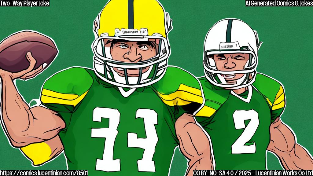 A cartoon drawing of a football player wearing a green and yellow uniform, looking confused and holding a large map on a football field. The style should be simple and plain color, with thick outlines.