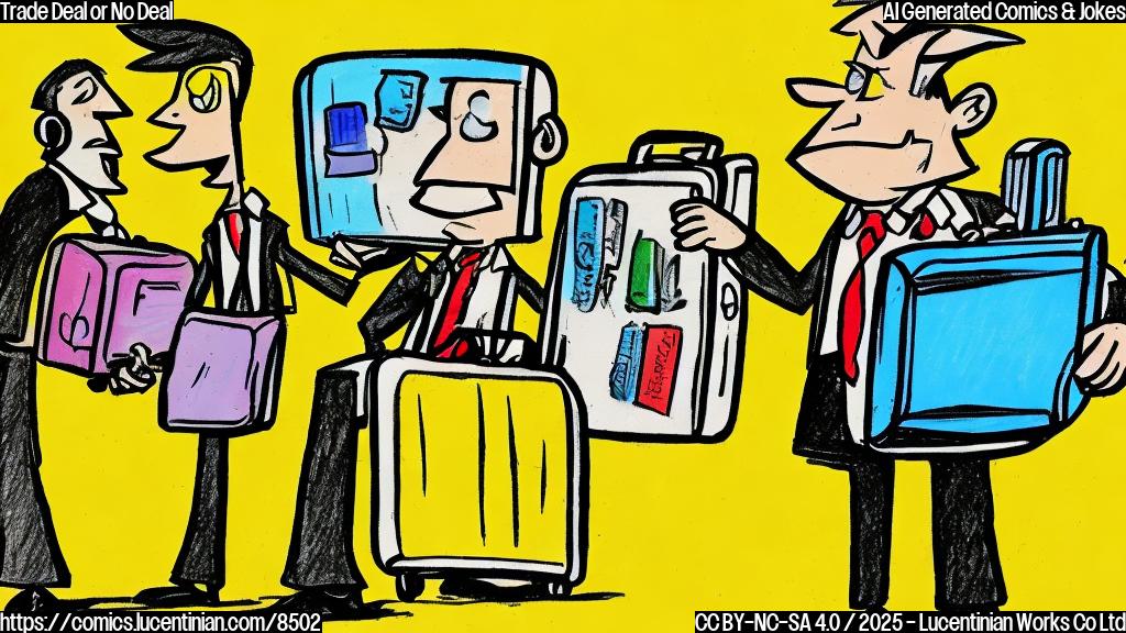 Cartoon style drawing of a person in a business suit nervously holding a large, overstuffed suitcase. The background is a plain, bright yellow.