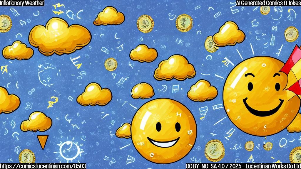 Cartoon image depicting a weather forecast map, but instead of temperature readings, show different price tags and symbols like "$" signs. A smiling sun is peeking out from behind a cloud labeled "Inflation," suggesting a decrease in price pressures. The overall color scheme should be light and cheerful.