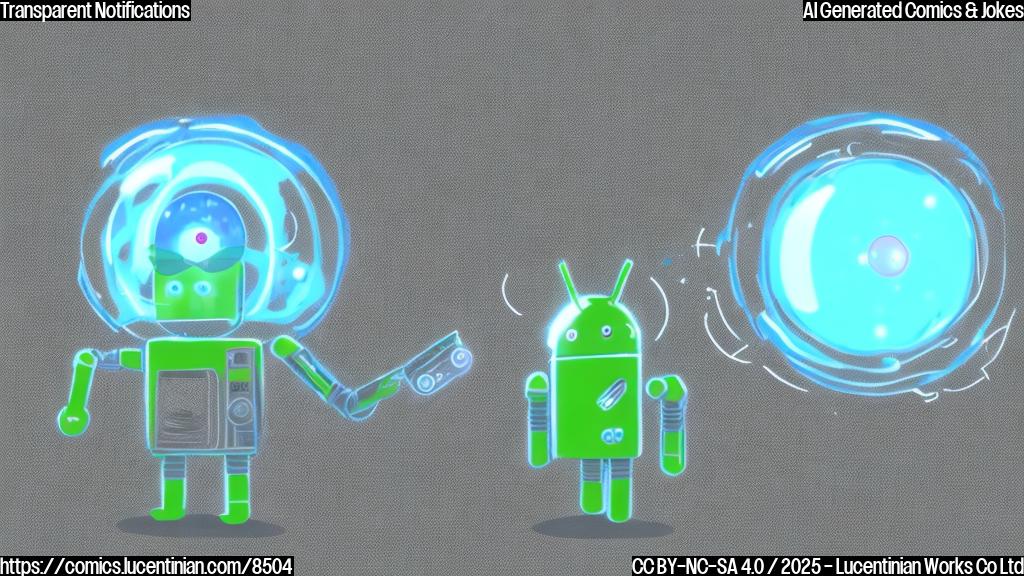 A cartoon-style drawing of an android robot staring blankly at a completely transparent notification bubble hovering in the air, with a slightly confused expression on its face. The background is a plain light blue.