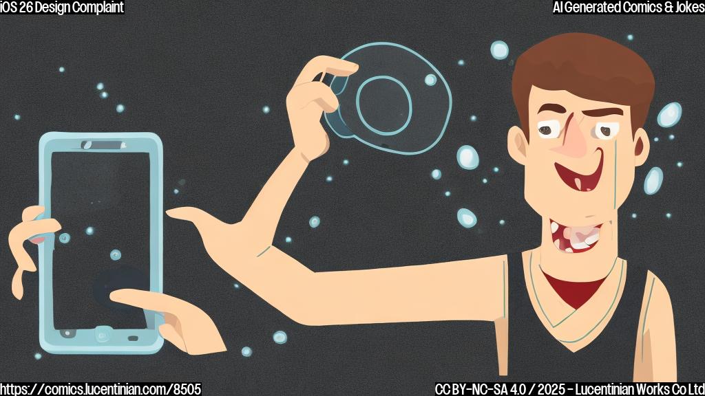 Cartoon illustration of a frustrated person holding a transparent phone. The phone's screen shows the background too clearly, causing visual clutter. The person is shaking their head in annoyance. Plain background.