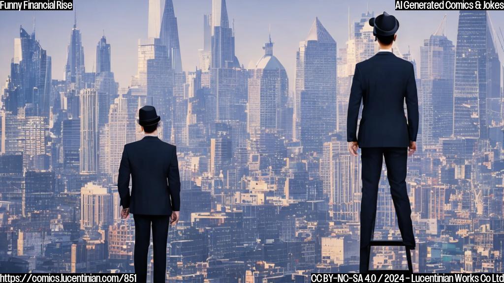 Draw an image of a person standing on top of a ladder, holding a briefcase and wearing a suit, with a city skyline in the background. The ladder should be leaning against a wall or a building, with a subtle hint of a party hat or decorations nearby.