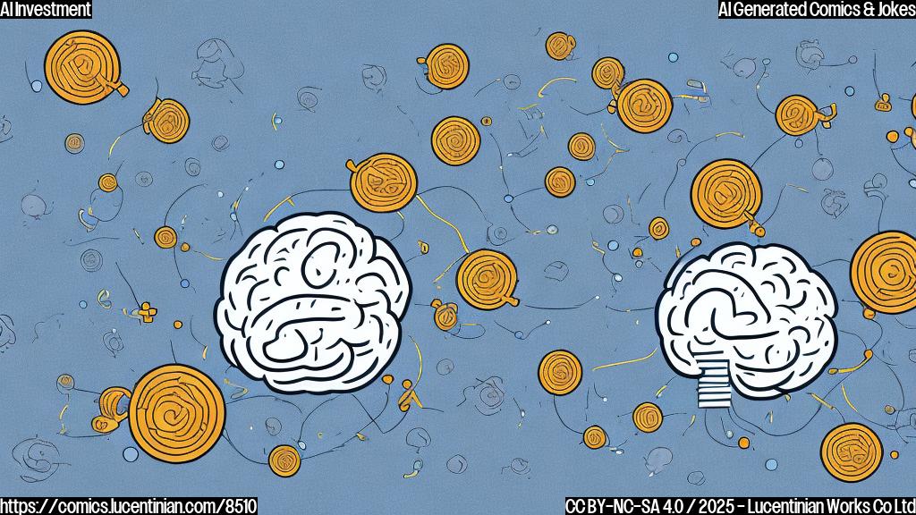 Cartoon image of a small, excited data labeling company logo, represented by a brain with multiple eyes, jumping for joy as a giant tech company logo, represented by a stylized infinity symbol, rains money on it. The background is a plain light blue. The style is simple and clean, like a children's book illustration.