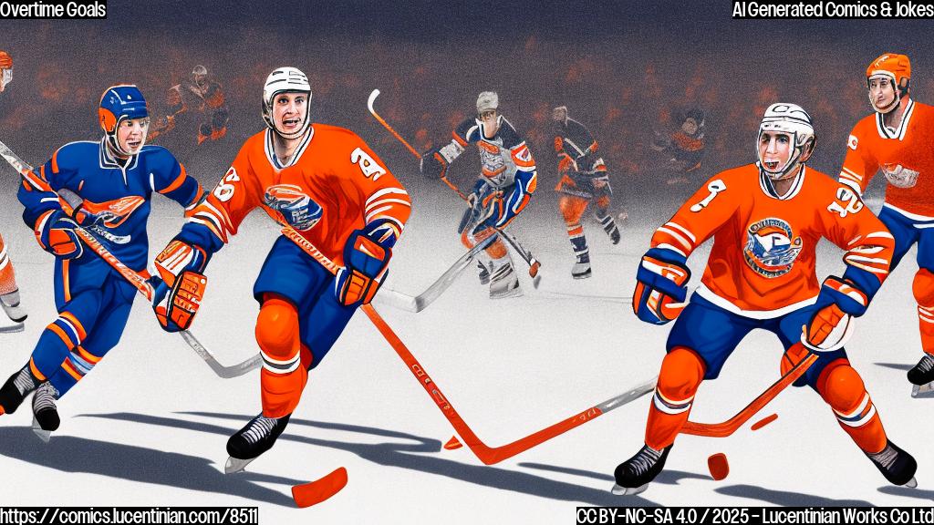A cartoon style image of a hockey player wearing orange and blue uniform carrying a large ladder onto the ice rink. The player has blond hair. The background shows a blurred view of the hockey stadium with some spectators. The style is plain color.