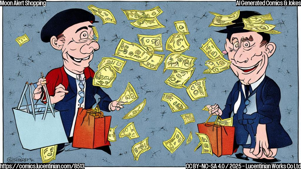 Cartoon drawing of an astrologer with a pointy hat standing in front of a shopping mall entrance, smiling and holding a bag of money. The background is plain light blue.