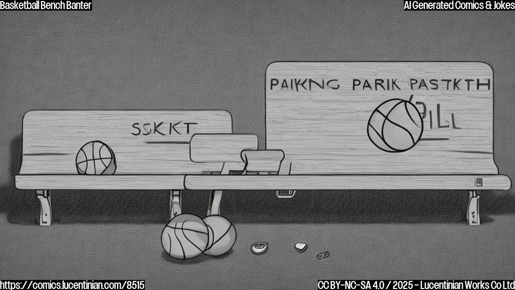 A cartoon drawing of a basketball bench with a sad face, sitting on a basketball court with a parking ticket on it. The style should be plain color cartoon, using simple shapes and bold outlines.