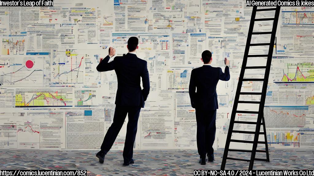 a businessman stands on top of a ladder, looking out at a crowd with a mixture of excitement and uncertainty on his face, surrounded by charts and financial documents.
