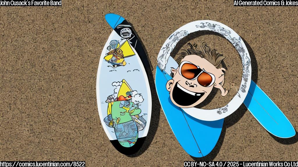 A simple, plain background with a cartoon drawing of a smiling cassette tape with sunglasses on, riding a surfboard.